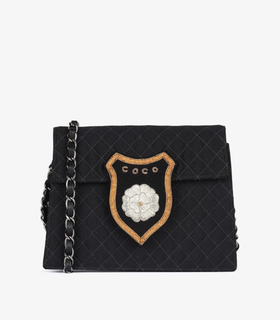 Black Quilted Grosgrain Silk & Lambskin Leather Vintage Coco Crest Trapeze Timeless Mini Flap Bag