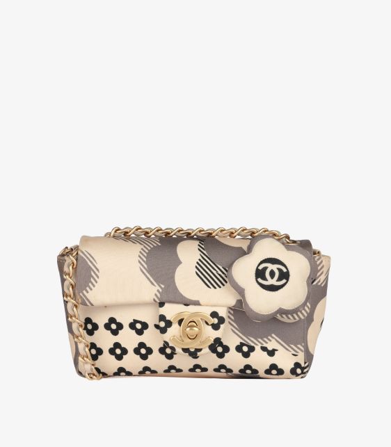 Cream, Grey & Black Silk Camellia Vintage Rectangular Micro Flap Bag