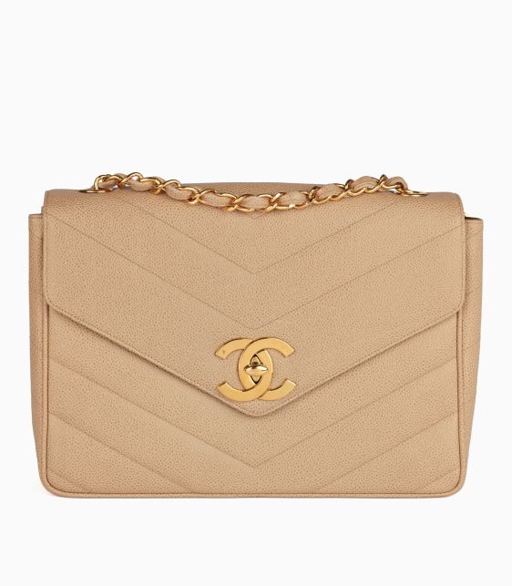 Beige Chevron Quilted Caviar Leather Jumbo XL Envelope Classic Single Flap Bag