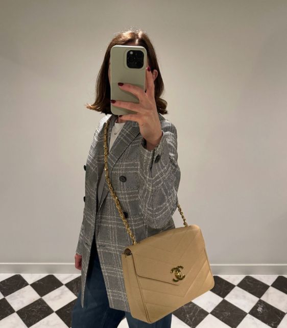 Beige Chevron Quilted Caviar Leather Jumbo XL Envelope Classic Single Flap Bag