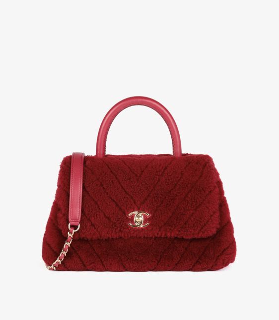 Red Chevron Shearling & Lambskin Leather Coco Top Handle