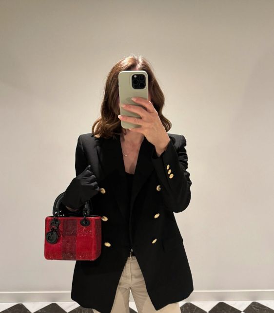 Black & Red Check Embellished Lambskin Leather Mini Lady Dior