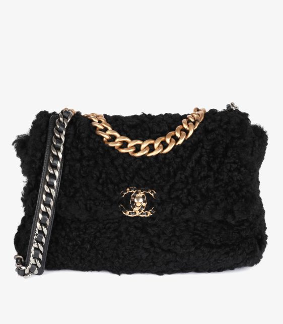 Black Shearling & Lambskin Leather Large 19 Flap Bag