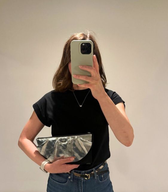 Black Quilted Lambskin & Silver Metallic Wrinkled Calfskin Leather Wave Classic Half Circle Wristlet Clutch