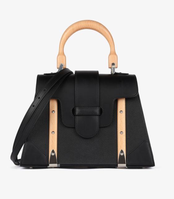 Black Smooth & Grained Courcelanges Calfskin Leather with Riveted Beechwood Saigon PM