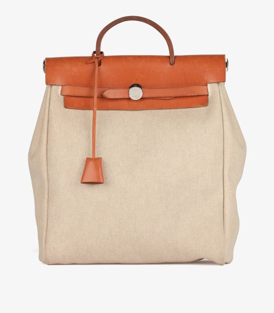 Beige Toile Canvas & Natural Vache Hunter Leather Vintage Herbag Backpack