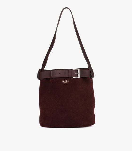 Burgundy Suede & Calfskin Leather Buckle Bucket Bag