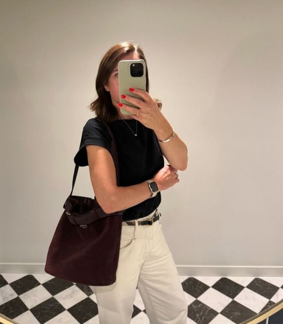 Burgundy Suede & Calfskin Leather Buckle Bucket Bag