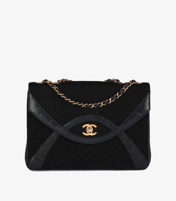 Black Quilted Jersey Fabric & Lambskin Leather Vintage Medium Envelope Classic Single Flap Bag