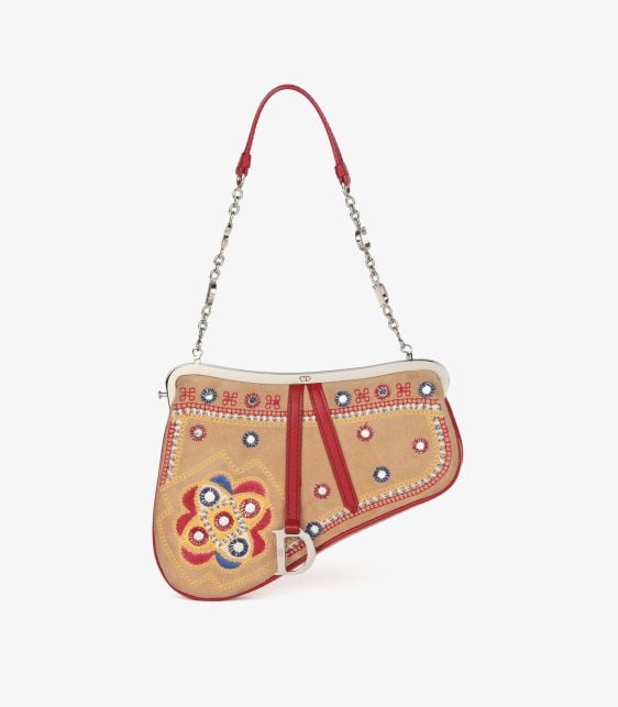 Multicolour Embroidered & Embellished Suede & Red Calfskin Leather Vintage Mini Saddle Bag