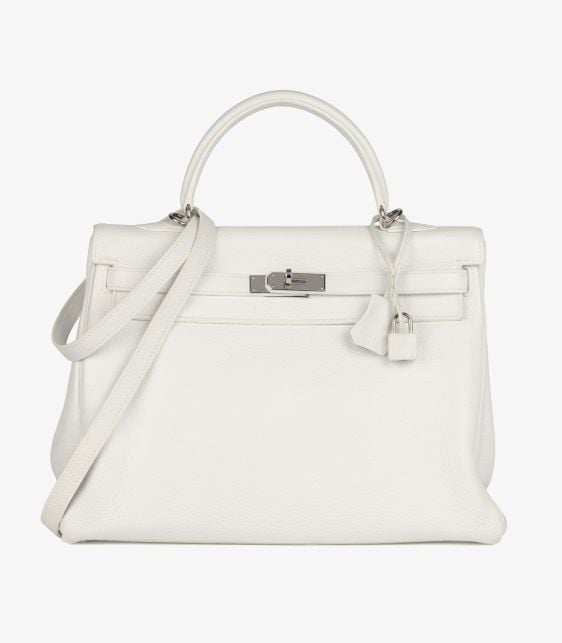 White Clemence Leather Kelly 35cm Retourne