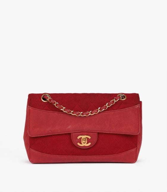 Red Quilted Jersey Fabric & Lambskin Leather Medium Classic Single Flap Bag