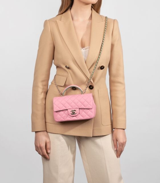 Pink & Green Quilted Lambskin Rectangular Mini Flap Bag with Top Handle