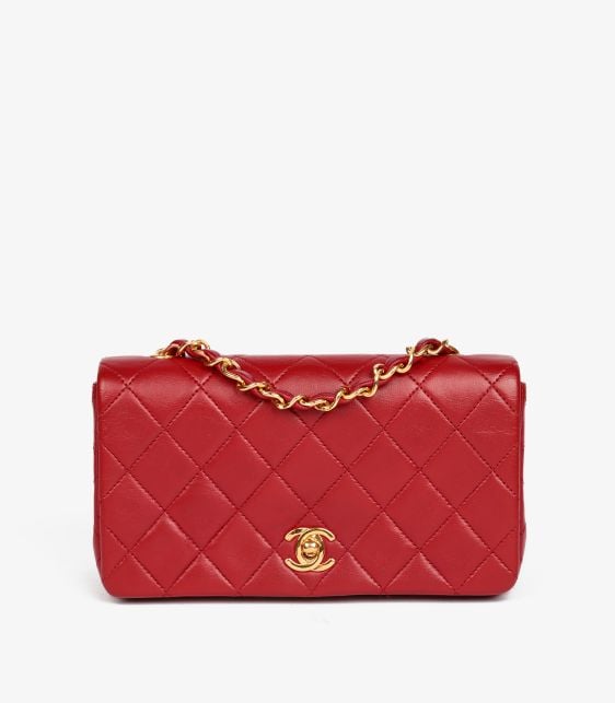 Red Quilted Lambskin Vintage Rectangular Mini Full Flap Bag