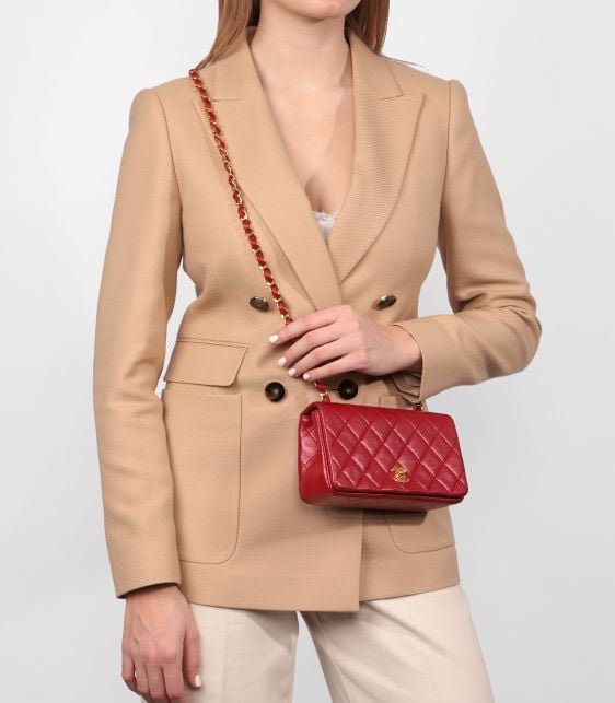 Red Quilted Lambskin Vintage Rectangular Mini Full Flap Bag