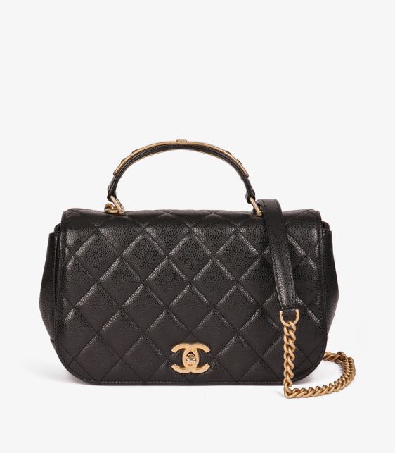 Black Quilted Caviar Leather Medium Classic Top Handle Flap Bag