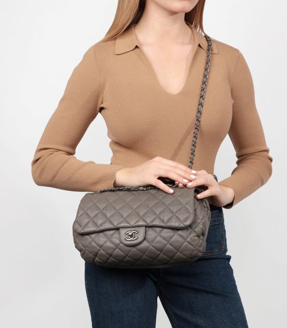 Grey Quilted Lambskin Classic Single Flap Bag