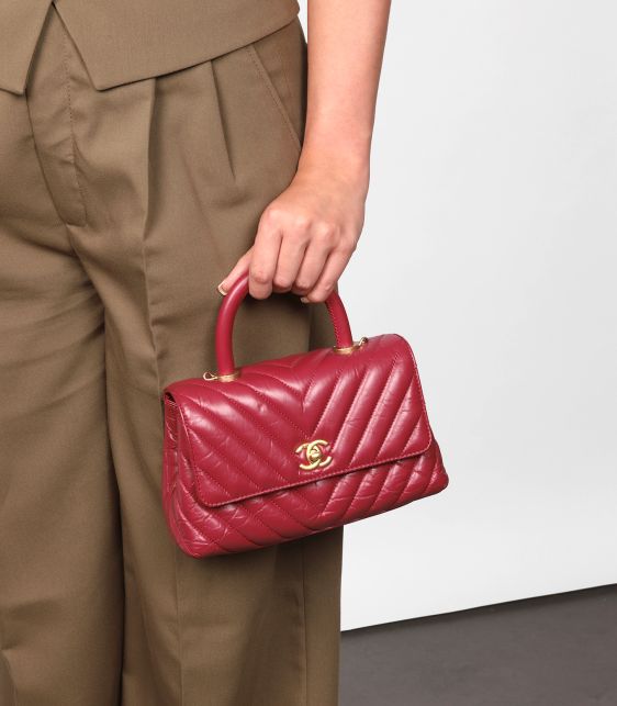Red Chevron Aged Calfskin Leather Small Coco Top Handle
