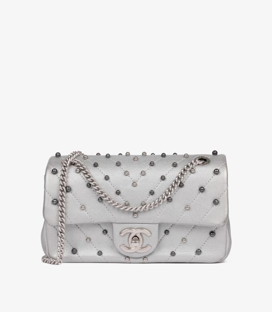 Silver Chevron Quilted Lambskin Stud Wars Rectangular Mini Flap Bag