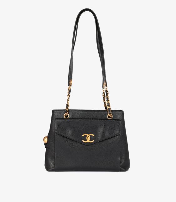 Black Caviar Leather Vintage Large XL Classic Shoulder Tote
