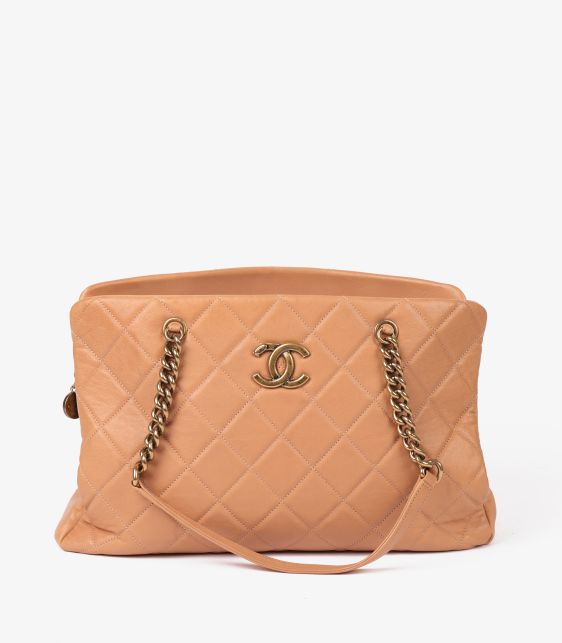 Warm Beige Quilted Calfskin Leather Crown Shoulder Tote