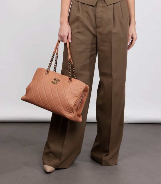 Warm Beige Quilted Calfskin Leather Crown Shoulder Tote