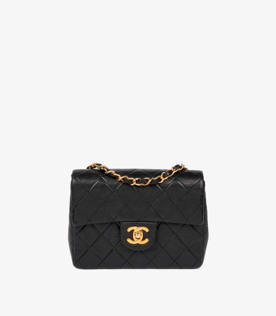Black Quilted Lambskin Leather Vintage Square Mini Flap Bag