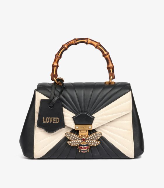 Black & Cream Quilted Calfskin Leather Medium Queen Margaret Bamboo Top Handle