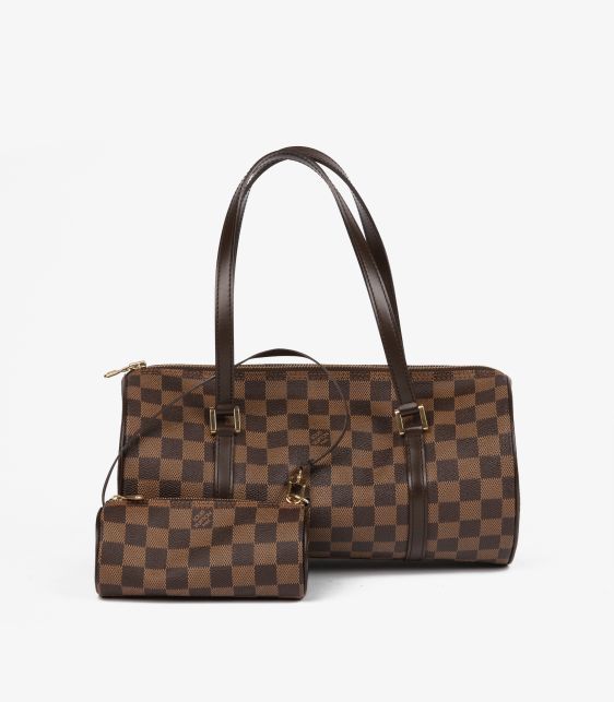 Damier Ebene Coated Canvas & Brown Calfskin Leather Vintage Papillon 30 with Pouch
