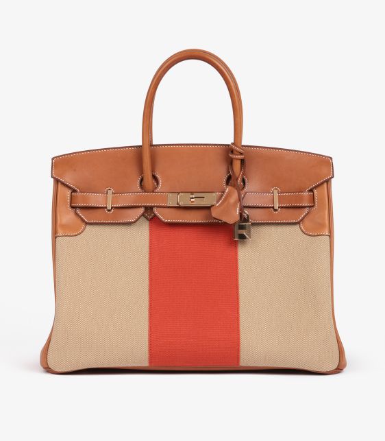Fauve Barenia Leather, Natural & Orange Toile Canvas Flag Birkin 35cm Retourne