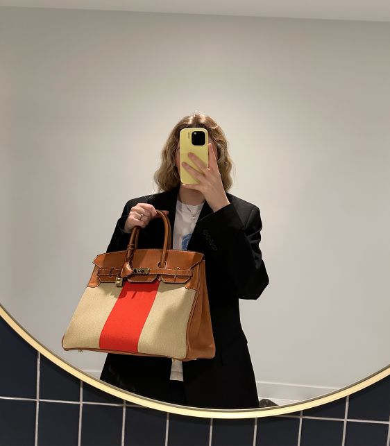 Fauve Barenia Leather, Natural & Orange Toile Canvas Flag Birkin 35cm Retourne