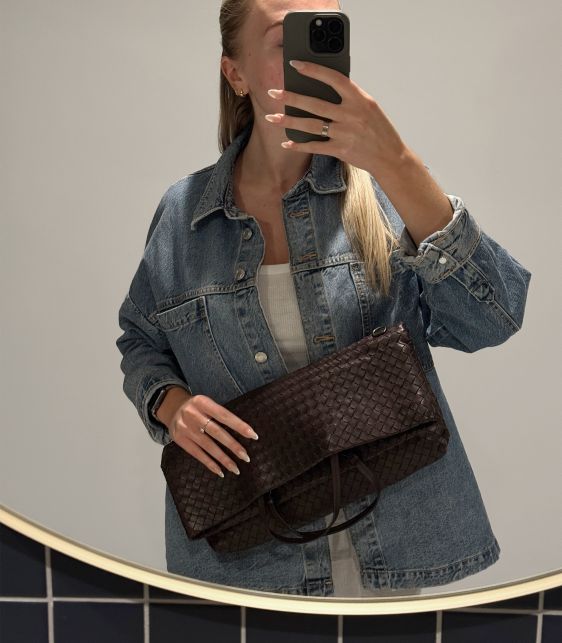 Brown Woven Calfskin Leather Intrecciato Tote