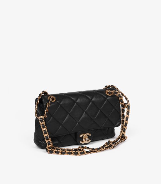Black Quilted Lambskin Interlaced Small Classic Single Flap Bag