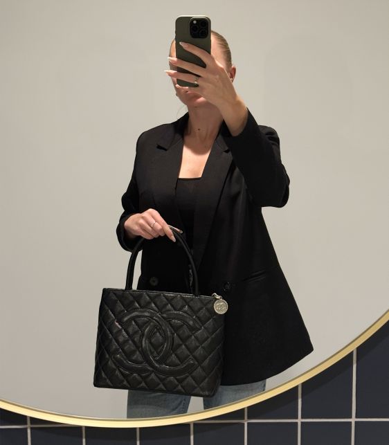 Black Quilted Caviar Leather Vintage Medallion Tote