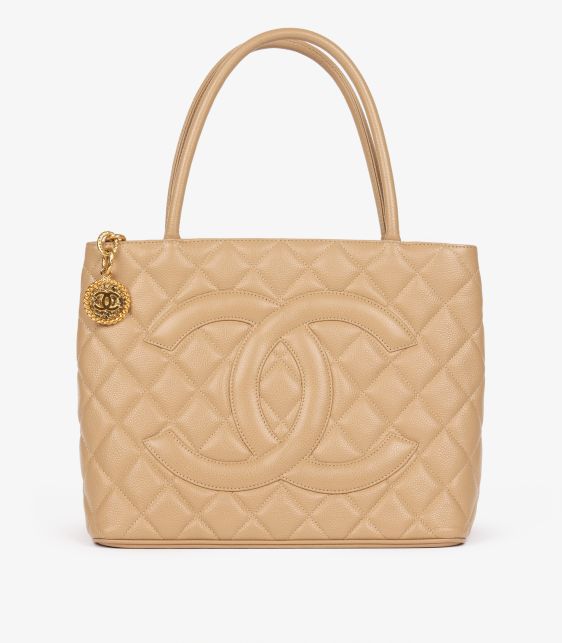 Beige Quilted Caviar Leather Vintage Medallion Tote
