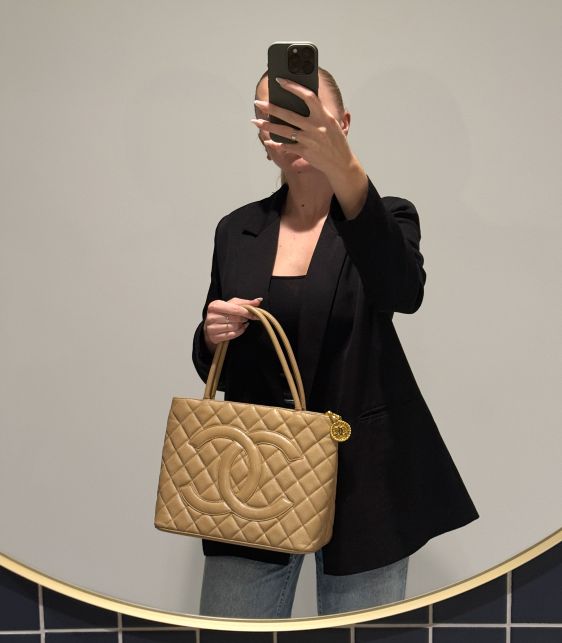 Beige Quilted Caviar Leather Vintage Medallion Tote