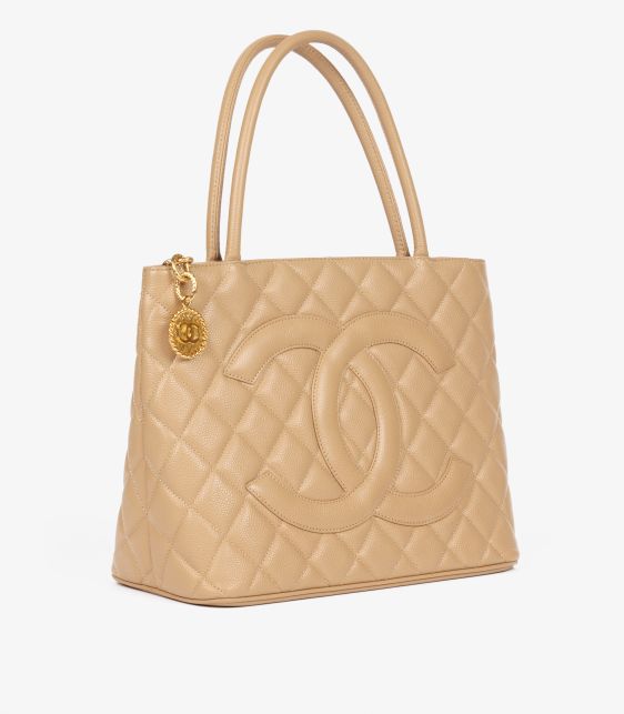 Beige Quilted Caviar Leather Vintage Medallion Tote