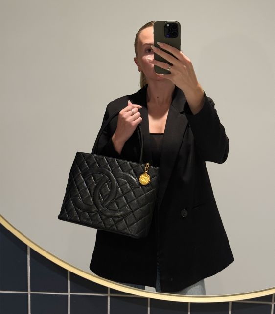 Black Quilted Caviar Leather Vintage Medallion Tote