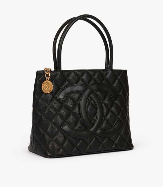 Black Quilted Caviar Leather Vintage Medallion Tote