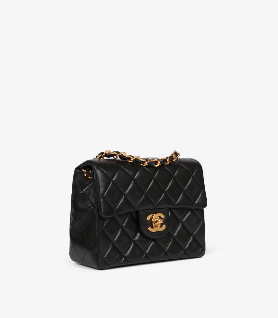 Black Quilted Lambskin Leather Vintage Square Mini Flap Bag