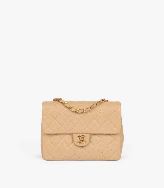 Beige Quilted Lambskin Leather Vintage Square Mini Flap Bag