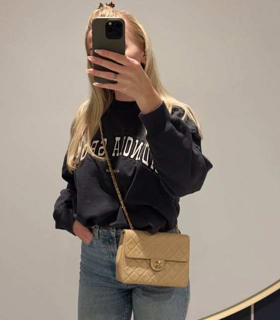 Beige Quilted Lambskin Leather Vintage Square Mini Flap Bag