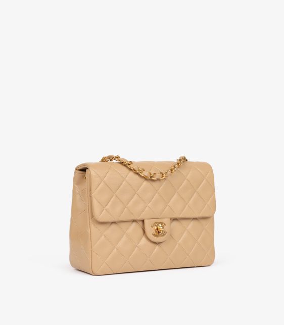Beige Quilted Lambskin Leather Vintage Square Mini Flap Bag