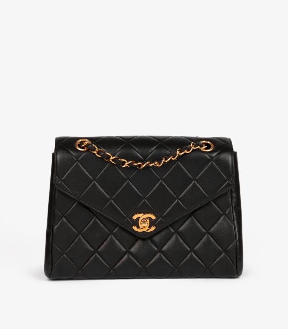 Black Quilted Lambskin Vintage Medium Envelope Classic Single Flap Bag