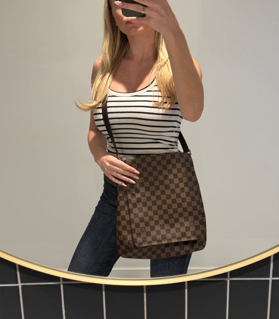 Damier Ebene Coated Canvas & Brown Calfskin Leather Vintage Musette Salsa GM