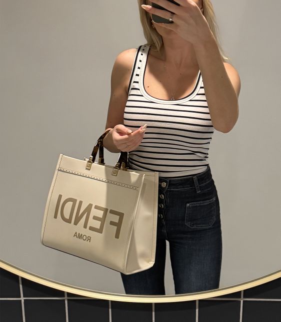 Cream & Taupe Embossed Calfskin Leather Medium Sunshine Tote