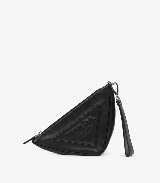 Black Calfskin Leather Triangle Wristlet Pouch