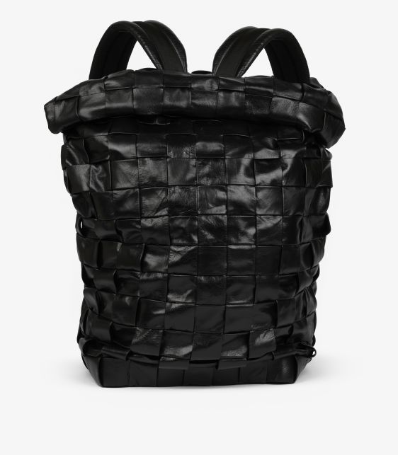 Black Shiny Aged Maxi Intrecciato Woven Calfskin Leather Roll Top Backpack with Pouch