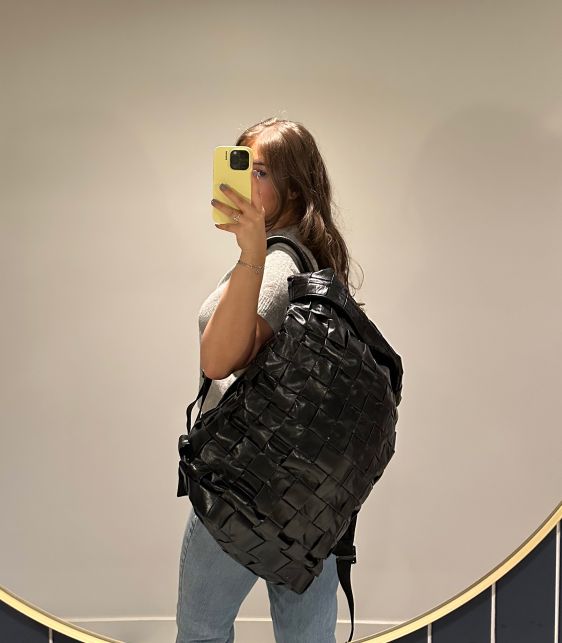 Black Shiny Aged Maxi Intrecciato Woven Calfskin Leather Roll Top Backpack with Pouch
