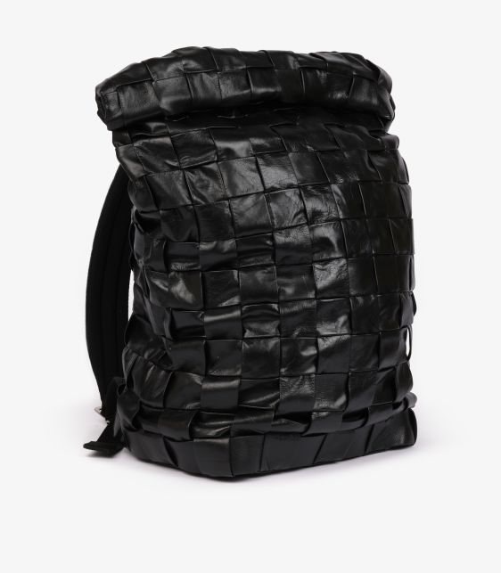 Black Shiny Aged Maxi Intrecciato Woven Calfskin Leather Roll Top Backpack with Pouch